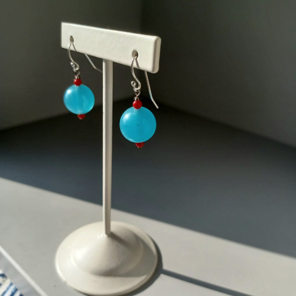 Handmade Vintage Blue Agate With Red Coral 925 Sterling Silver Earring